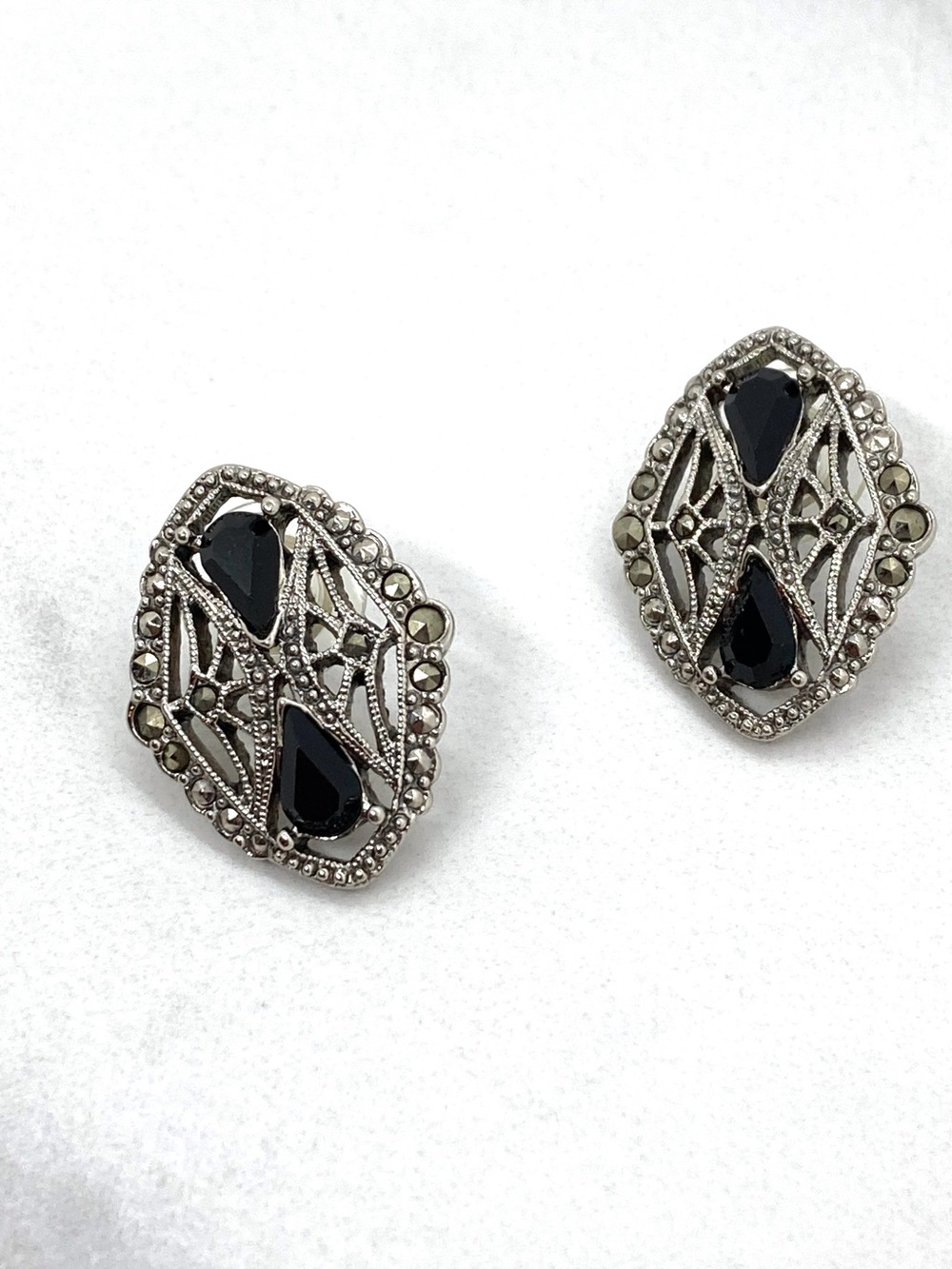 Vintage Edwardian Style Openwork Marcasite & Black Rhinestones Dama Earrings